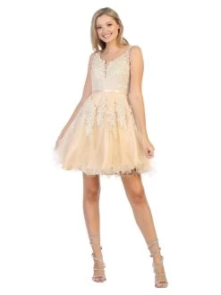 May Queen - MQ1692 Rhinestone-Ornate Appliqued Short Dress -Boutique Wedding Dress Store may queen mq1692 rhinestone ornate appliqued short dress cocktail dresses 2 champagne 31973352603731