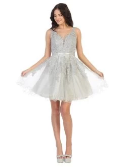 May Queen - MQ1692 Rhinestone-Ornate Appliqued Short Dress -Boutique Wedding Dress Store may queen mq1692 rhinestone ornate appliqued short dress cocktail dresses 2 silver 31973353128019