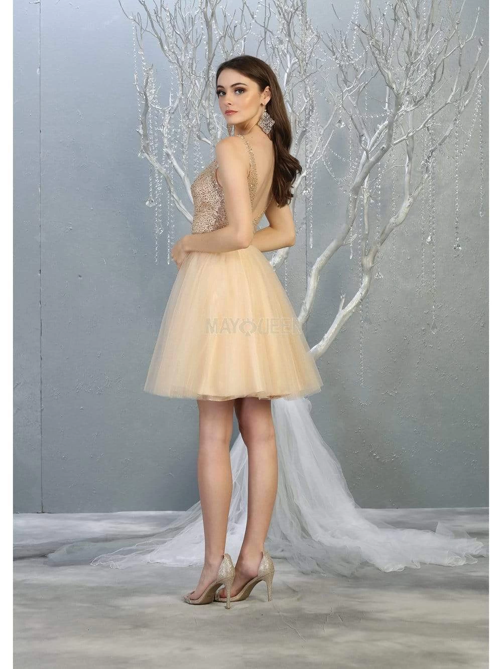 May Queen - MQ1797 Embellished Deep V-neck A-line Dress 6 May Queen - MQ1797 Embellished Deep V-neck A-line Dress - Image 4