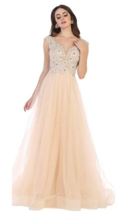 May Queen - RQ7645 Floral Applique Ornate Cap Sleeve Gown -Boutique Wedding Dress Store may queen rq7645 floral applique ornate cap sleeve gown bridesmaid dresses 4 champagne 28824634982483