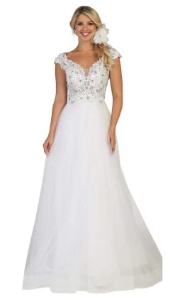 May Queen - RQ7645 Floral Applique Ornate Cap Sleeve Gown -Boutique Wedding Dress Store may queen rq7645 floral applique ornate cap sleeve gown bridesmaid dresses 4 white 28824612208723