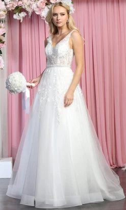 May Queen RQ7888 - Sleeveless Sheer V-neck Wedding Gown -Boutique Wedding Dress Store may queen rq7888 sleeveless sheer v neck wedding gown wedding dresses 29844913061971