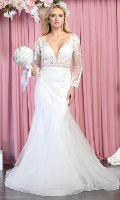 May Queen RQ7892 - Long Sleeves Deep V-neck Wedding Gown -Boutique Wedding Dress Store may queen rq7892 long sleeves deep v neck wedding gown wedding dresses 29844918599763