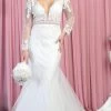 May Queen RQ7892 - Long Sleeves Deep V-neck Wedding Gown -Boutique Wedding Dress Store may queen rq7892 long sleeves deep v neck wedding gown wedding dresses 4 ivory 29844918698067