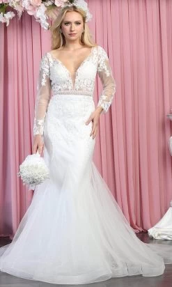 May Queen RQ7892 - Long Sleeves Deep V-neck Wedding Gown