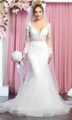 May Queen RQ7896 - Long Sleeves Sheer V-neck Wedding Gown -Boutique Wedding Dress Store may queen rq7896 long sleeves sheer v neck wedding gown wedding dresses 29844932690003
