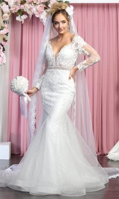 May Queen RQ7896 - Long Sleeves Sheer V-neck Wedding Gown -Boutique Wedding Dress Store may queen rq7896 long sleeves sheer v neck wedding gown wedding dresses 29844932788307