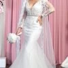May Queen RQ7896 - Long Sleeves Sheer V-neck Wedding Gown