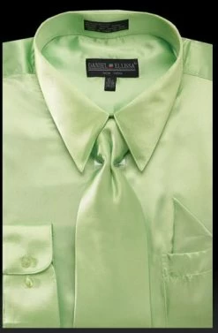 Men's Apple Green Satin Dress Shirt With Tie & Handkerchief