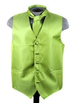 Men's Apple Green Striped Vest With Neck Tie