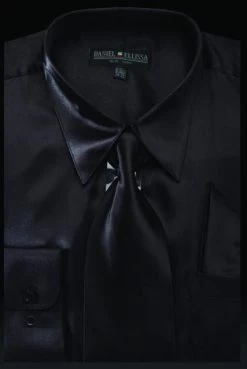 Men's Black Satin Dress Shirt With Tie & Handkerchief