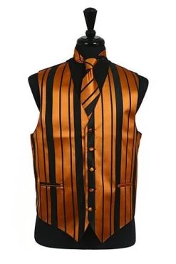 Men's Black/Gold Striped Vest With Neck Tie And Bow Tie