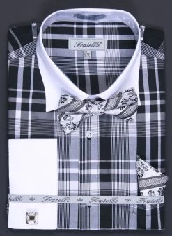 Men's Black/White Plaid Dress Shirts With Bow Tie, Hanky, Cuff Links