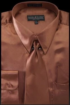 Men's Brown Satin Dress Shirt With Tie & Handkerchief