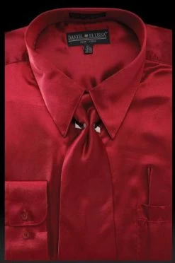 Men's Burgundy Satin Dress Shirt With Tie & Handkerchief