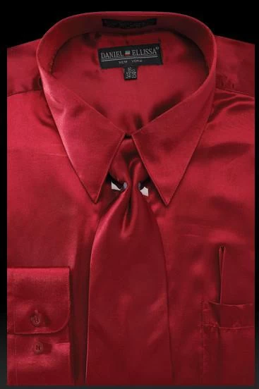 Men's Burgundy Satin Dress Shirt With Tie & Handkerchief 3 Men's Burgundy Satin Dress Shirt With Tie & Handkerchief