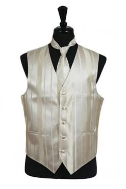 Men's Champagne Striped Vest With Neck Tie And Bow Tie