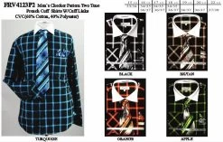 Men's Checkered Black Dress Shirts With Tie, Hanky, Cufflinks