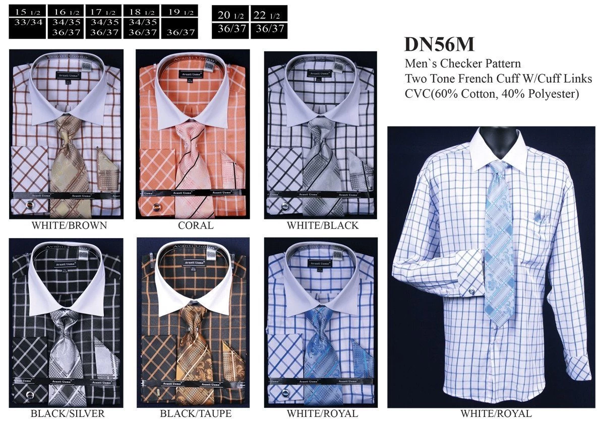 Men's Checkered Dress Shirts With Tie, Hanky, Cufflinks 3 Men's Checkered Dress Shirts With Tie, Hanky, Cufflinks