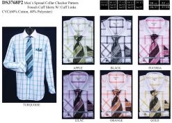 Men's Checkered Spread Collar Dress Shirts With Tie, Hanky, Cufflinks