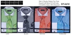 Men's Classic Checkered Dress Shirts With Tie, Hanky, Cufflinks