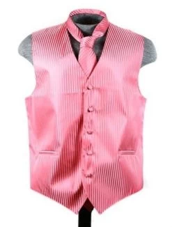 Men's Coral Pink Striped Vest With Neck Tie