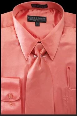 Men's Coral Satin Dress Shirt With Tie & Handkerchief