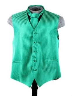Men's Emerald Green Striped Vest With Neck Tie