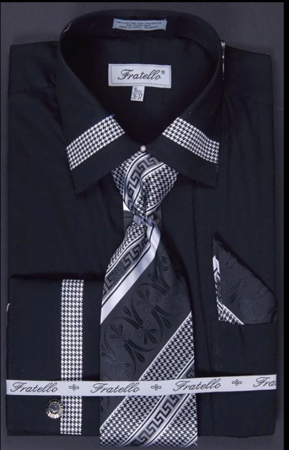 Men's Houndstooth Patched Dress Shirts With Tie, Hanky, Cuff Links 4 Men's Houndstooth Patched Dress Shirts With Tie, Hanky, Cuff Links - Image 2