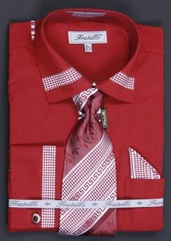 Men's Houndstooth Patched Dress Shirts With Tie, Hanky, Cuff Links