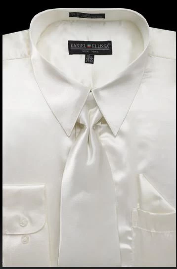 Men's Ivory Satin Dress Shirt With Tie & Handkerchief 3 Men's Ivory Satin Dress Shirt With Tie & Handkerchief