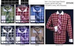Men's Large Two Tone Checkered Dress Shirts With Tie, Hanky, Cufflinks