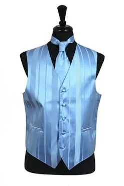 Men's Light Blue Striped Vest With Neck Tie And Bow Tie