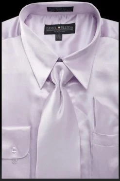 Men's Lilac Satin Dress Shirt With Tie & Handkerchief