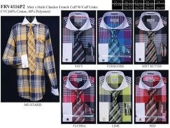 Men's Multi Colored Plaid Dress Shirts With Tie, Hanky, Cufflinks