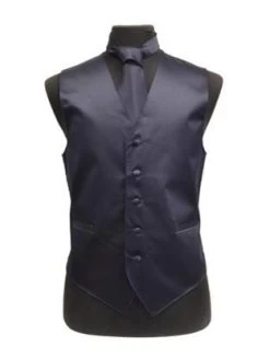 Men's Navy Blue Satin Vest With Neck Tie
