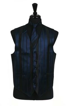 Men's Navy Blue Striped Vest With Neck Tie And Bow Tie