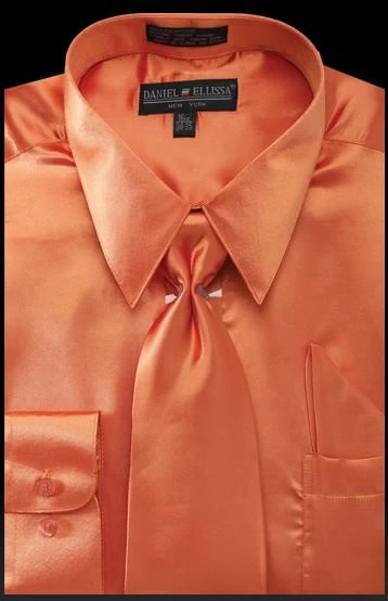 Men's Orange Satin Dress Shirt With Tie & Handkerchief 3 Men's Orange Satin Dress Shirt With Tie & Handkerchief