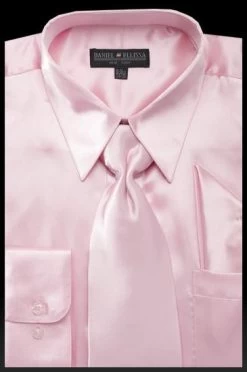 Men's Pink Satin Dress Shirt With Tie & Handkerchief