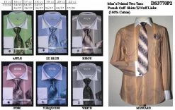 Men's Printed Two Tone French Cuff Dress Shirts With Tie, Hanky, Cufflinks
