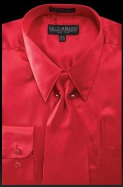 Men's Red Satin Dress Shirt With Tie & Handkerchief