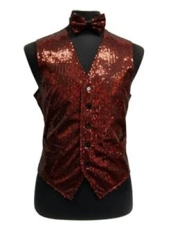 Men's Red Sequined Vest With Bow Tie