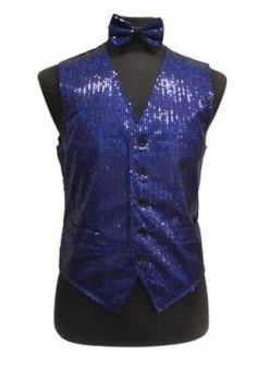 Men's Royal Blue Sequined Vest With Bow Tie