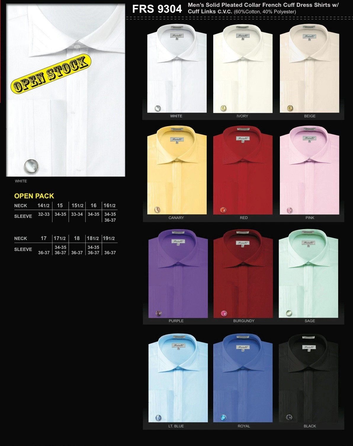 Men's Solid Pleated Collar Dress Shirts With Cuff Links 3 Men's Solid Pleated Collar Dress Shirts With Cuff Links