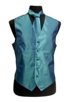 Men's Teal Blue Vest With Neck Tie, Bow Tie, Hanky