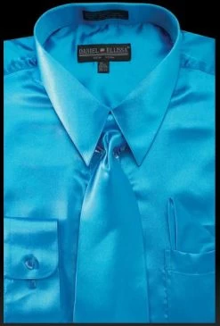 Men's Turquoise Satin Dress Shirt With Tie & Handkerchief