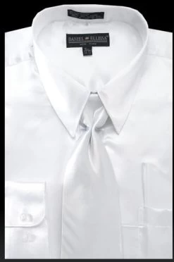 Men's White Satin Dress Shirt With Tie & Handkerchief