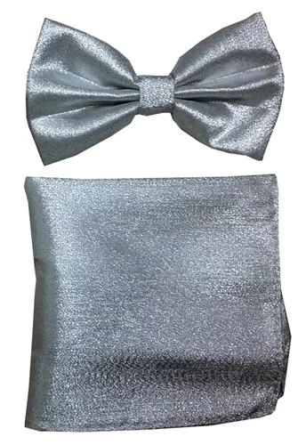 Metallic Silver Bow Tie With Pocket Square (Pointed Tip) 3 Metallic Silver Bow Tie With Pocket Square (Pointed Tip)