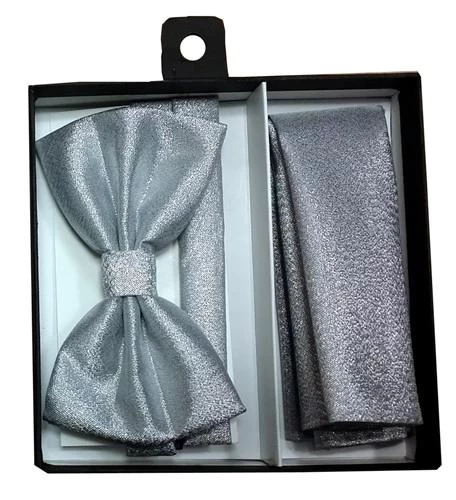 Metallic Silver Bow Tie With Pocket Square (Pointed Tip) 4 Metallic Silver Bow Tie With Pocket Square (Pointed Tip) - Image 2