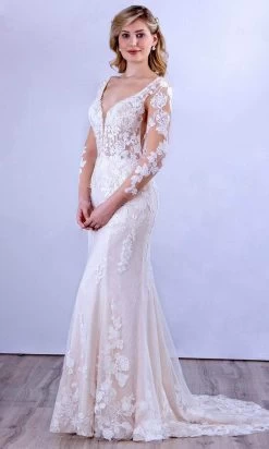 MNM COUTURE 10090 - V Neck Long Sleeve Sheer Dress